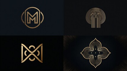 Four minimalist gold emblem designs on black background; featuring the letter M and a floral shape