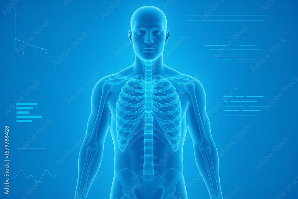 Poster ai generated digital male body scan with glowing transparent skeletal system and blue medical data g