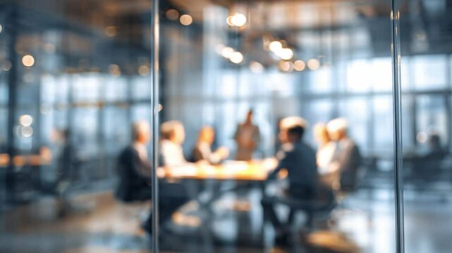 Office meeting blurred: A blurry view through glass panels shows business people collaborating at a table in a modern office conference room.