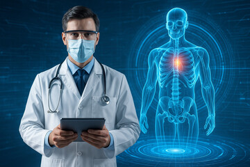 AI generated doctor wearing mask and glasses analyzing 3D human anatomy hologram with heart highlight in high tech medical interface environment