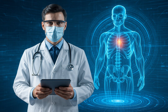AI generated doctor wearing mask and glasses analyzing 3D human anatomy hologram with heart highlight in high tech medical interface environment