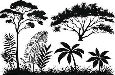 Black and White Silhouette Tropical Trees and Plants