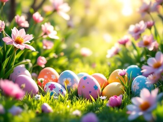 Fototapeta premium Brightly colored Easter eggs nestled in fresh greenery with floral accents, under gentle sunlight, perfect for Easter themes, spring greetings, and festive children’s content
