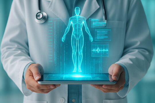 AI generated futuristic scene showing doctor holding tablet with glowing blue holographic human anatomy projection in advanced clinical environment with clean digital aesthetics