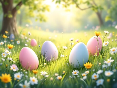 Brightly colored Easter eggs nestled in fresh greenery with floral accents, under gentle sunlight, perfect for Easter themes, spring greetings, and festive children’s content