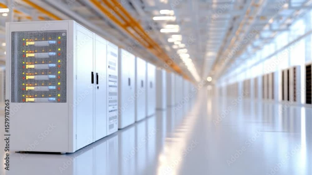 Poster digital hub: futuristic data center, rows of modern servers in a pristine facility, a symbol of high