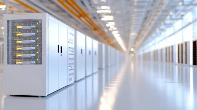 Digital Hub: Futuristic data center, rows of modern servers in a pristine facility, a symbol of high-tech storage and data processing. The clean, bright setting implies security, power.