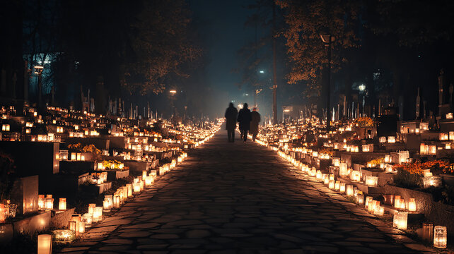 Cemetery Avenue Lit by Memorial Candles During an Evening of Remembrance
