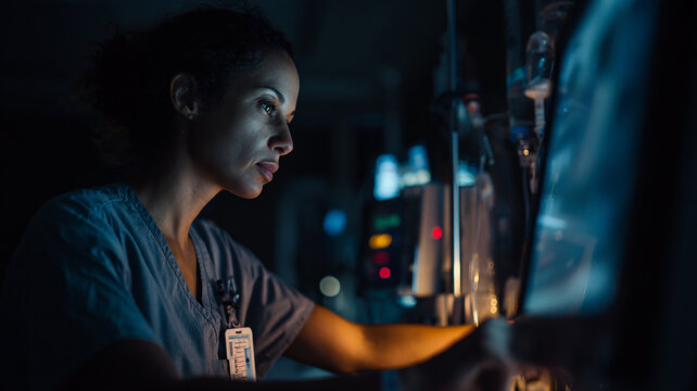 Nurse Checking Medical Equipment in a Dark Hospital Room
