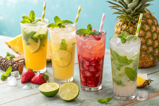 A set of four colorful and refreshing tropical drinks, each served with ice, fruit slices, and mint, perfect for summer or party vibes.