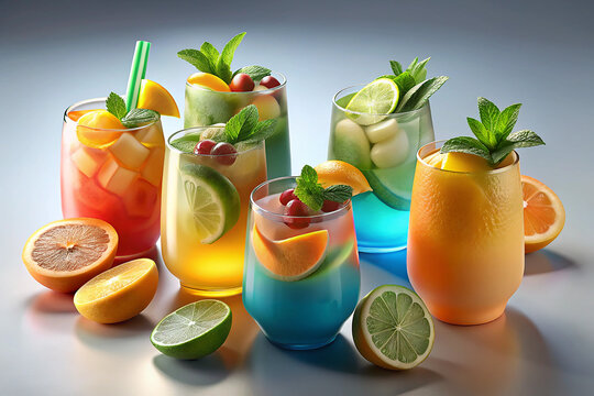 A set of four colorful and refreshing tropical drinks, each served with ice, fruit slices, and mint, perfect for summer or party vibes.