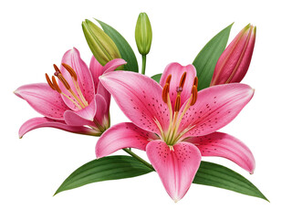 Obraz premium Two beautiful pink stargazer lilies with green leaves and buds isolated on transparent background