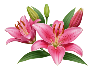 Two beautiful pink stargazer lilies with green leaves and buds isolated on transparent background