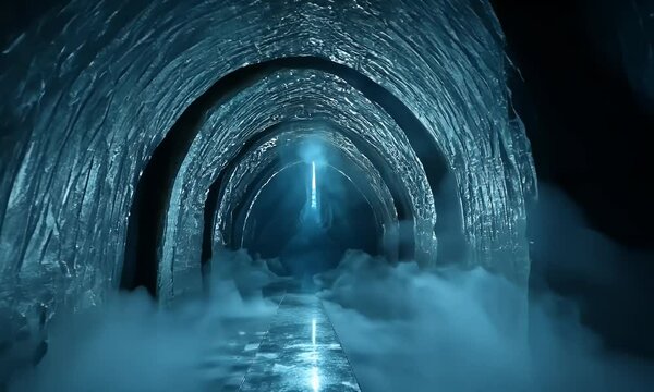 A dark, futuristic tunnel with blue neon lights and a misty atmosphere, creating an immersive sci-fi scene. The tunnel is symmetrical in shape, featuring circular or oval designs on the walls and ceil