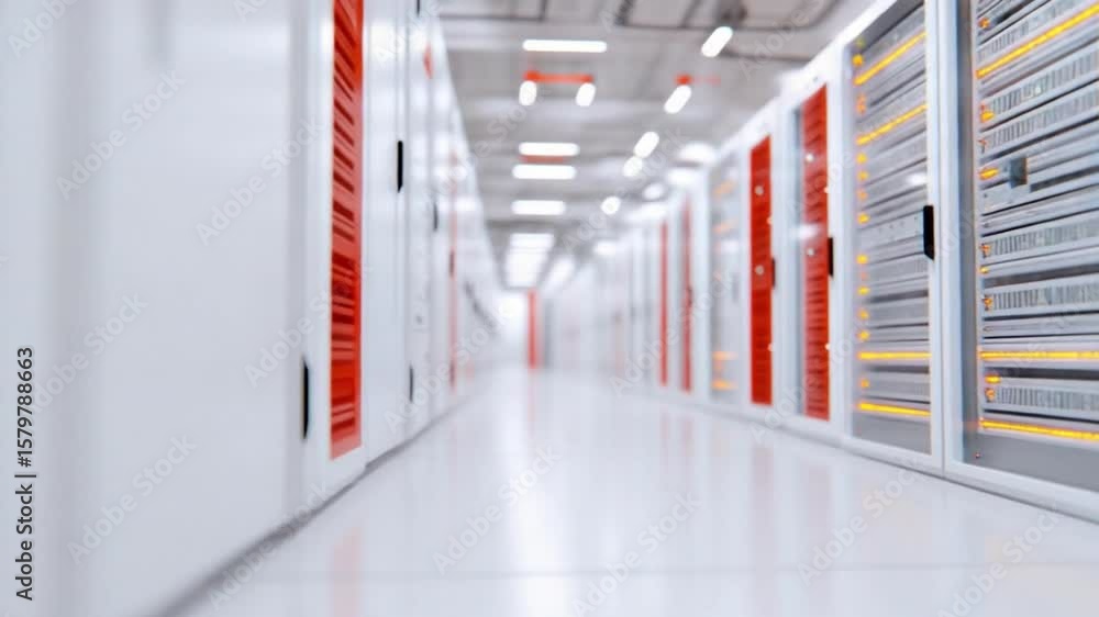 Poster data center corridor: an expansive and immaculate server room corridor, with a futuristic design, fi