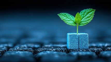 A small sprout of life in a blue cube.