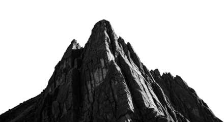 Striking mountain peak rises dramatically against a black backdrop, showcasing textures and shadows for geological or adventure themes.