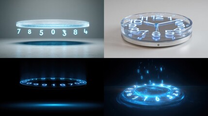 Four images of glowing, futuristic circular displays and timepieces with luminescent numbers and a modern aesthetic