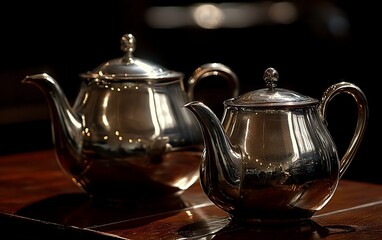 Two Polished Silver Teapots on a Dark Wooden Table