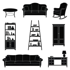 Black Furniture Silhouettes: Sofa, Bookshelves, Desk, and Chair