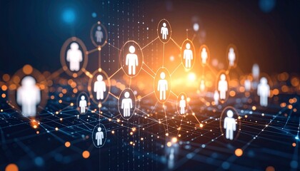 Conceptual HR background with layered transparent human icons over digital matrix grid, showing workforce planning and employee structure in warm corporate tones"