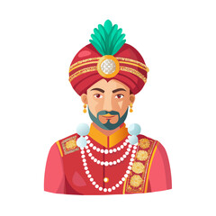 Indian Groom or Maharaja in Red Turban and Traditional Wedding Attire Vector.