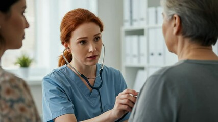Concerned female doctor listening to an older patient's chest with a stethoscope during a medical check-up in a clinic. - Powered by Adobe