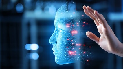 Human hand interacting with futuristic digital human face composed of glowing blue light particles and red data streams