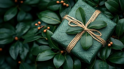 Gift wrapped in dark teal paper nestled amidst greenery.