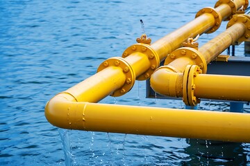 Industrial yellow pipes carrying water over blue ocean surface image