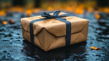 A gift-wrapped present rests on a dark surface.