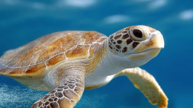 Sea Turtle's Underwater Journey: A majestic sea turtle gracefully glides through the crystal-clear ocean, showcasing its textured shell and serene, ancient gaze.