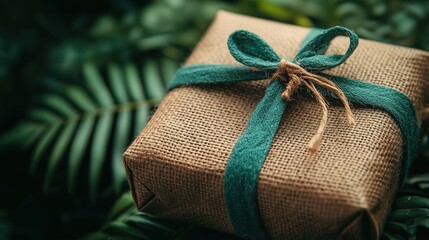 Gift box with teal ribbon tied with twine.