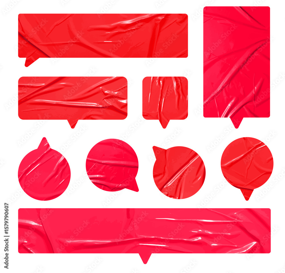 Poster set of vector red sticky note papers speech bubbles shapes and wrinkles, copy space stickers or patc