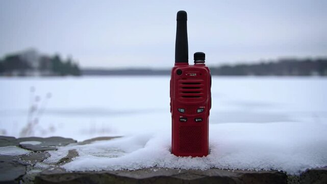 Photorealistic paramedic radio positioned on a snow-covered ledge with cold backdrop