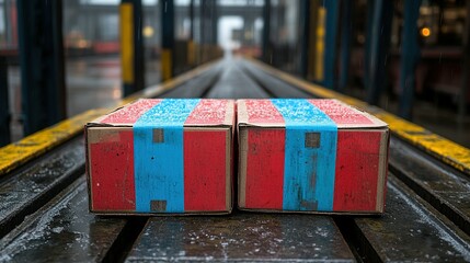 Two cardboard boxes with blue and red tape on a metal conveyor belt.