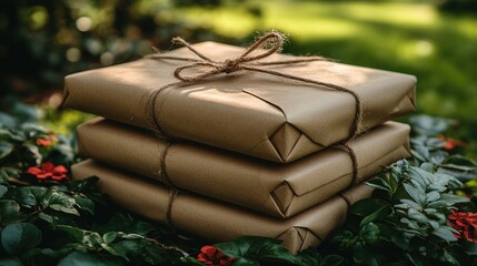 Stack of wrapped gifts nestled in greenery.