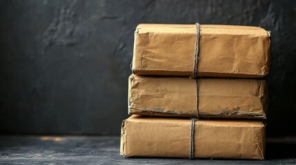 Stack of aged cardboard boxes tied with twine.