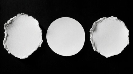 Three white paper shapes, two irregularly torn circles and a smooth circle, arranged horizontally against a black background