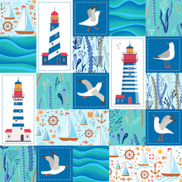 Marine seamless patchwork pattern with cute cartoon seagulls, yachts, lighthouses, seaweed, waves, anchors, starfish. Beautiful print for fabric.