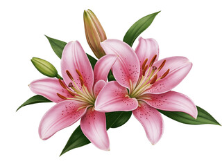Fototapeta premium Beautiful pink lilies with green leaves and buds isolated on transparent background