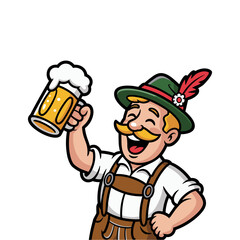 Happy cartoon man in lederhosen holding a beer mug with foam