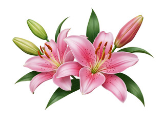 Obraz premium Two delicate pink lilies with buds and green leaves isolated on transparent background