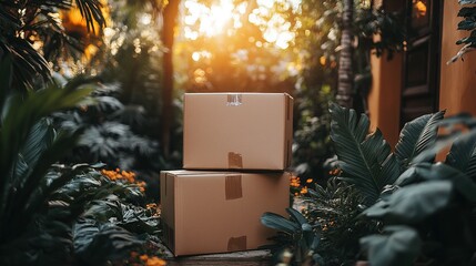 Cardboard boxes stand amidst lush greenery.