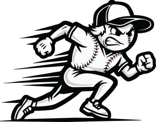 Cartoon baseball player in a dynamic running pose, expressing aggression and speed.