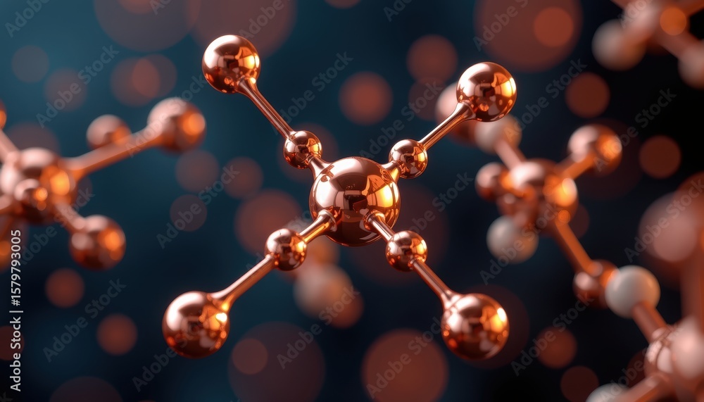 Poster 3d molecular structure with colorful atoms on a soft-focus background.