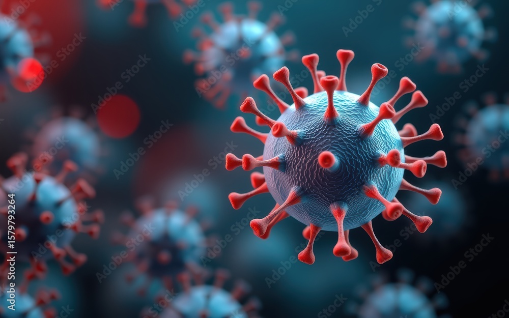 Poster microscopic view of a virus with spiky surface structures.