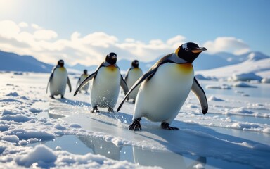 Obraz premium Penguins walking on snowy landscape in a cold environment.
