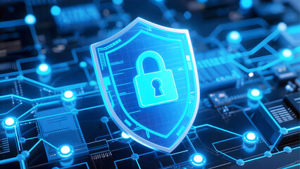 Glowing Blue Cybersecurity Shield with Padlock Symbol Representing Digital Protection and Network Security
