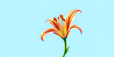 Fototapeta premium Vibrant colored pencil illustration of a single lily, showcasing its delicate petals, stem, and leaves, flora, stem